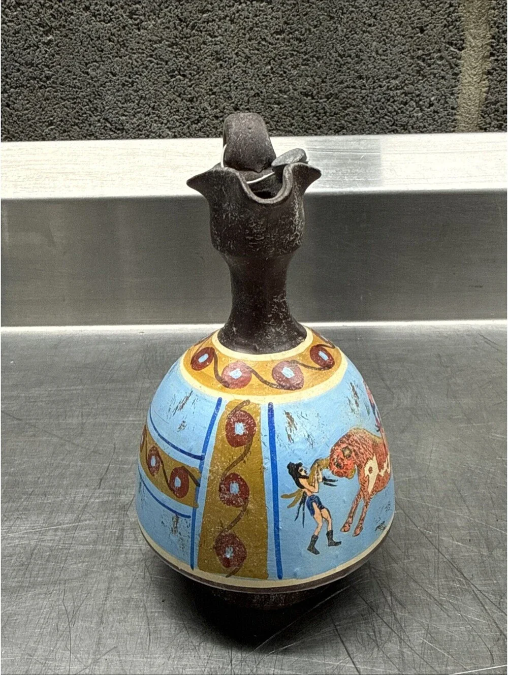 VTG RARE Artisan Made Ceramic Pitcher W/ Hand Painted Minoan Bull Leaping Mural